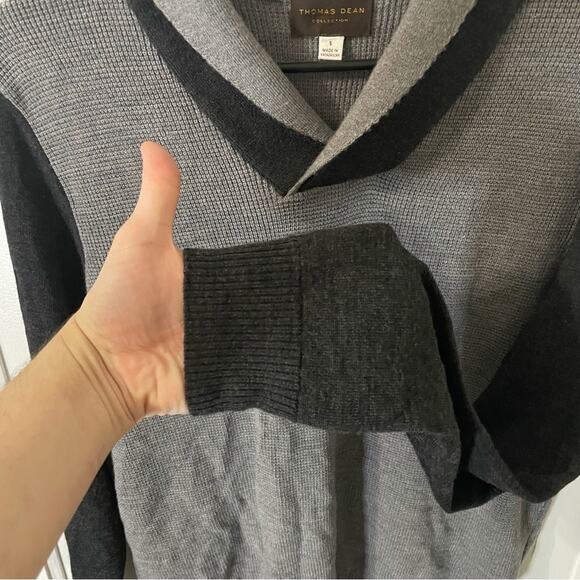 Thomas Dean 100% Extra Fine Merino Wool Shawl Collar Sweater Gray Black Small - Picture 4 of 10